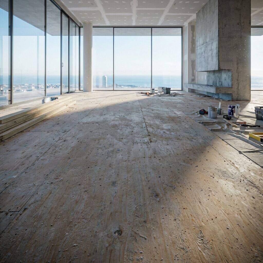 Before: Open-concept living room with floor-to-ceiling windows in Jersey City, NJ — Hardwood — Wide Plank, Ocean-View Residence