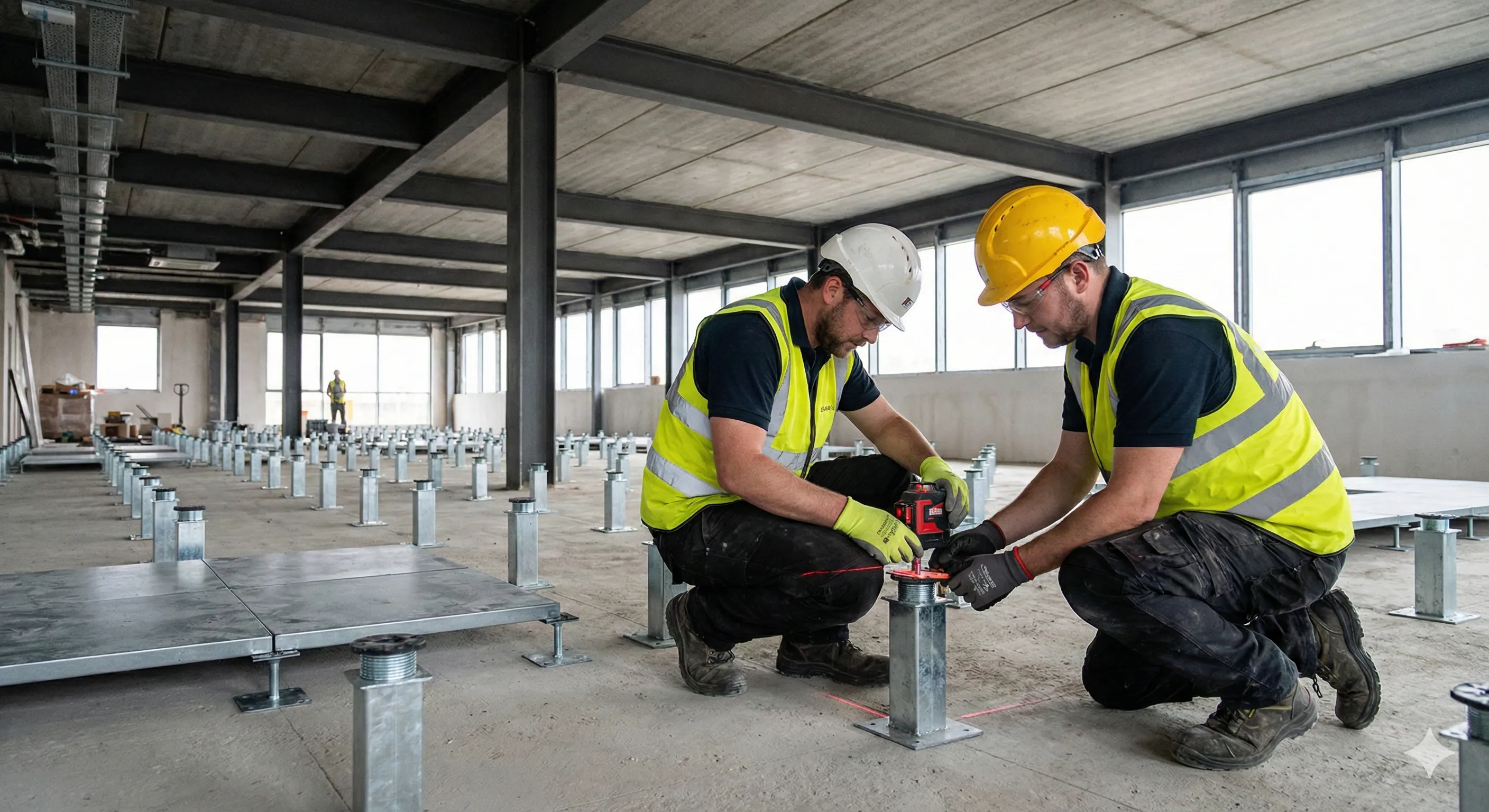Levelling raised floor pedestals with laser precision