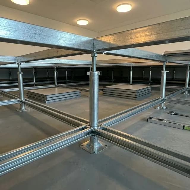 Close-up of raised access floor galvanized steel grid structure