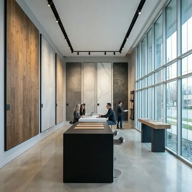 VM Power Flooring showroom and headquarters in Catasauqua, Pennsylvania — flooring samples, design consultation area