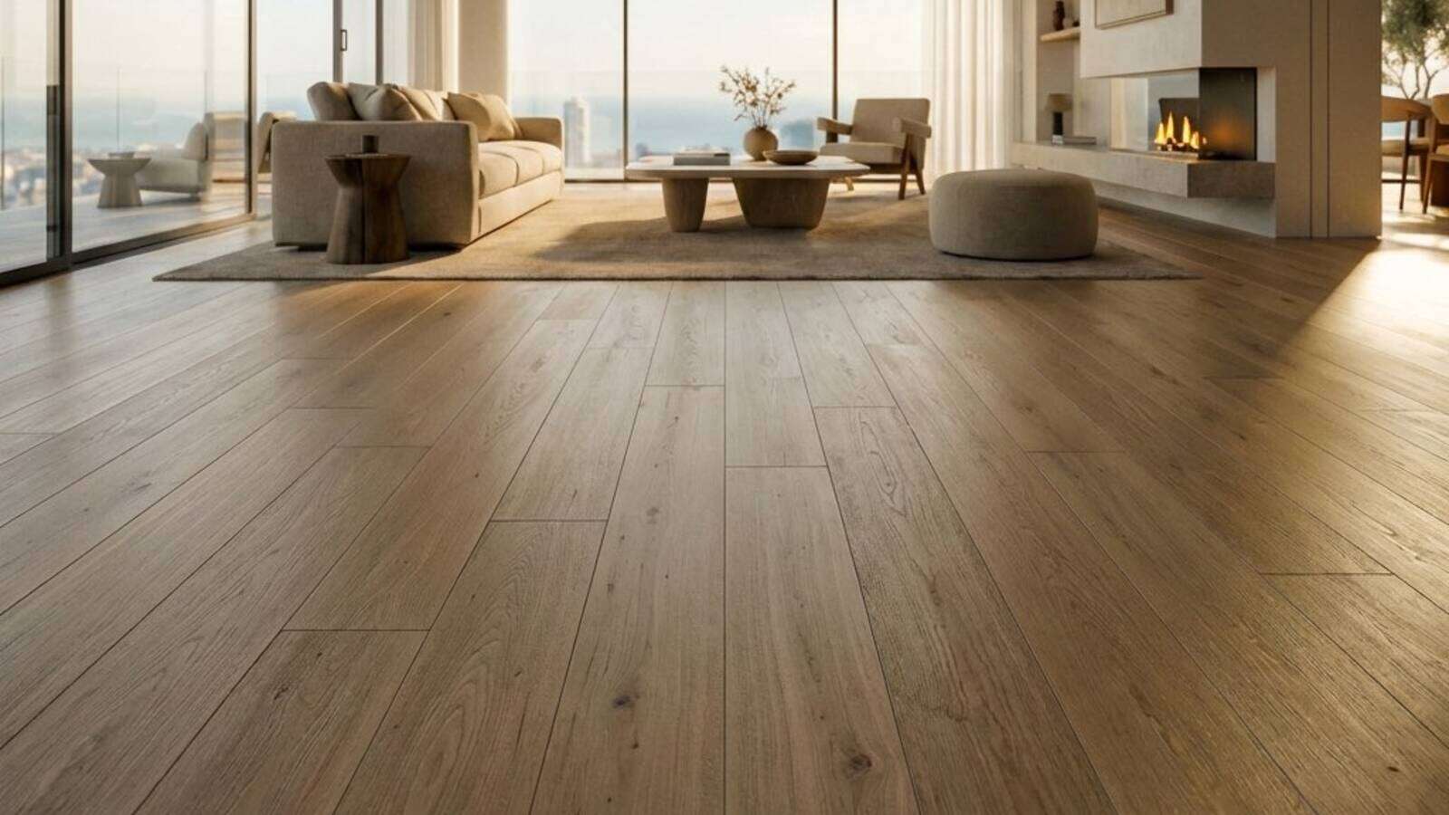Low-angle view of premium wide-plank hardwood flooring in a sunlit luxury living room with floor-to-ceiling windows